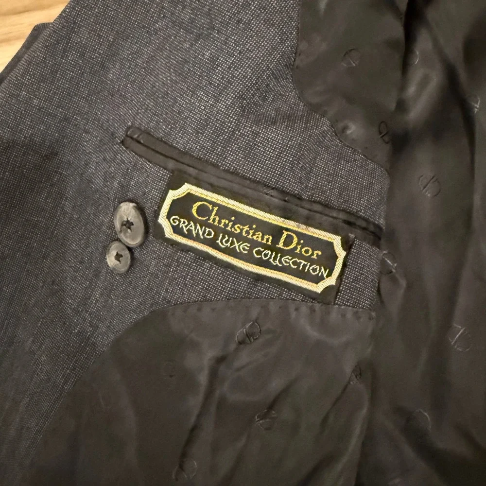 Vtg 80s Christian Dior Saks Fifth Avenue Suit Jacket Blazer Navy Charcoal 40R